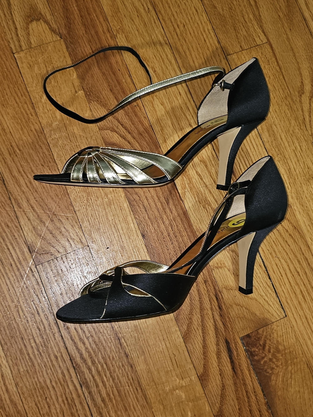 Enzo Angiolini Black and Gold Open-Toe Strappy High Heels